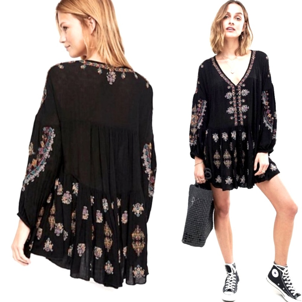 Free People Arianna Tunic Top Black Babydoll Embroidered Boho XS Gauzy Festival - Picture 15 of 16